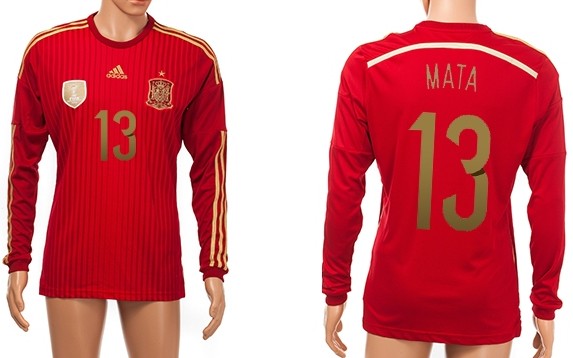 2014 World Cup Spain #13 Mata Home Soccer Long Sleeve AAA+ T-Shirt