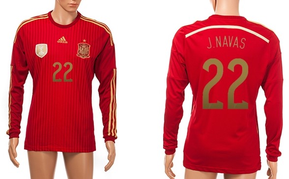 2014 World Cup Spain #22 J.Navas Home Soccer Long Sleeve AAA+ T-Shirt
