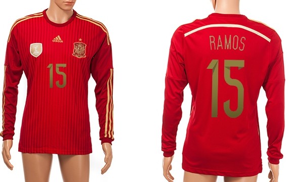 2014 World Cup Spain #15 Ramos Home Soccer Long Sleeve AAA+ T-Shirt