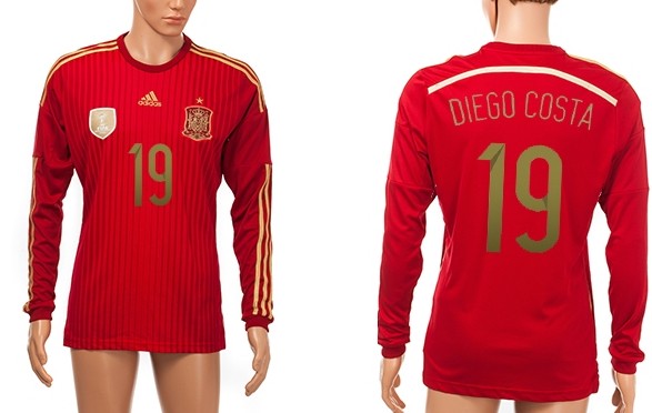 2014 World Cup Spain #19 Diego Costa Home Soccer Long Sleeve AAA+ T-Shirt