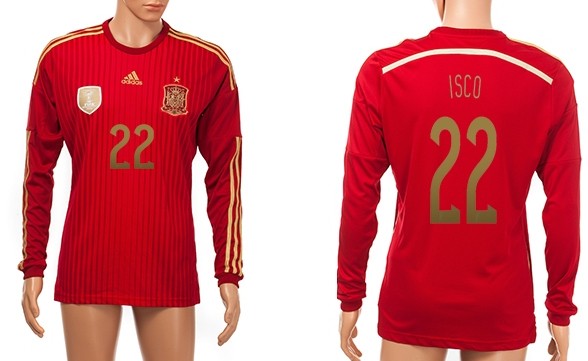 2014 World Cup Spain #22 Isco Home Soccer Long Sleeve AAA+ T-Shirt