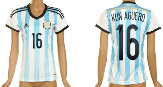 2014 World Cup Argentina #16 Kun Aguero Home Soccer AAA+ T-Shirt_Womens