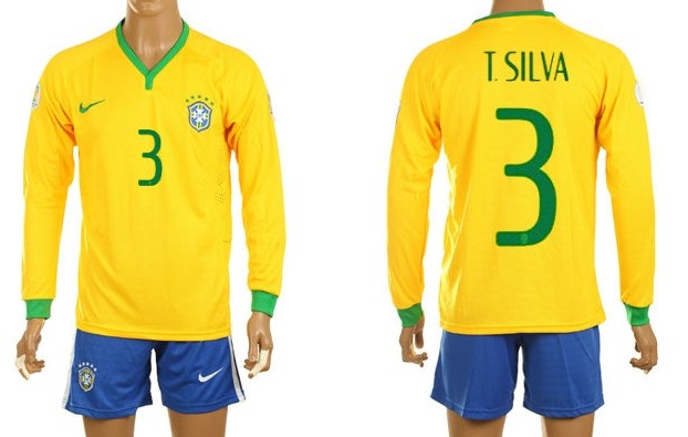2014 World Cup Brazil #3 T.Silva Home Long Sleeve Shirt Kit