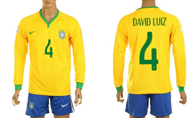 2014 World Cup Brazil #4 David Luiz Home Long Sleeve Shirt Kit