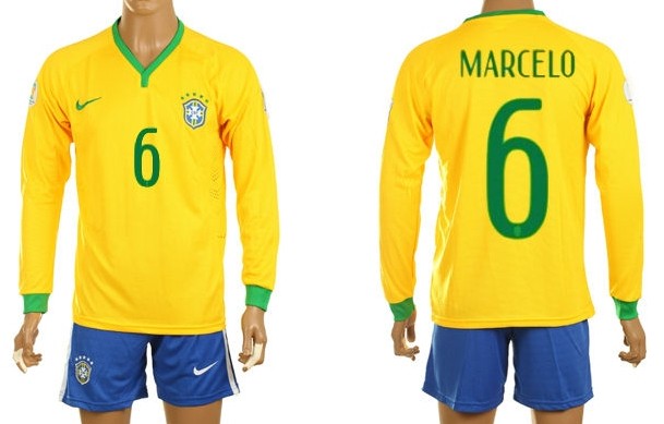 2014 World Cup Brazil #6 Marcelo Home Long Sleeve Shirt Kit