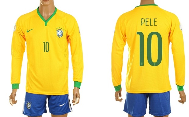 2014 World Cup Brazil #10 Pele Home Long Sleeve Shirt Kit