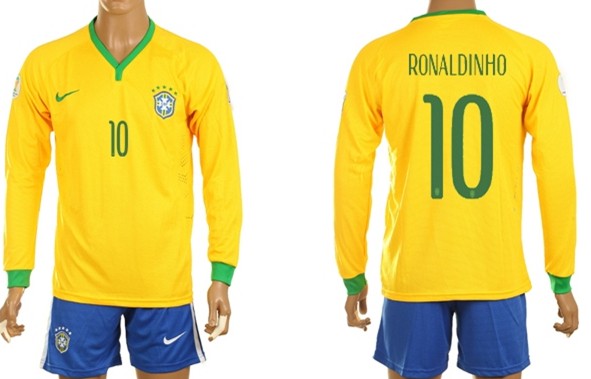 2014 World Cup Brazil #10 Ronaldinho Home Long Sleeve Shirt Kit