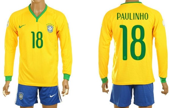 2014 World Cup Brazil #18 Paulinho Home Long Sleeve Shirt Kit