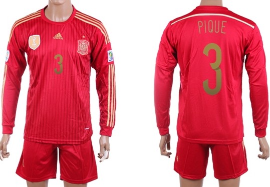 2014 World Cup Spain #3 Pique Home Soccer Long Sleeve Shirt Kit