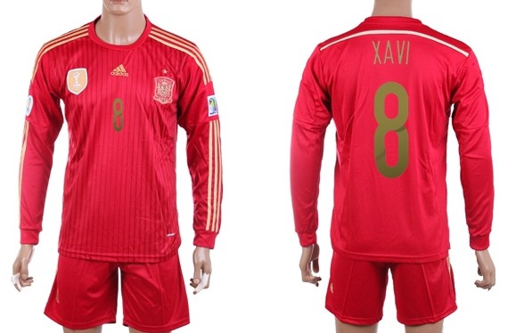 2014 World Cup Spain #8 Xavi Home Soccer Long Sleeve Shirt Kit