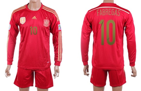 2014 World Cup Spain #10 Fabregas Home Soccer Long Sleeve Shirt Kit