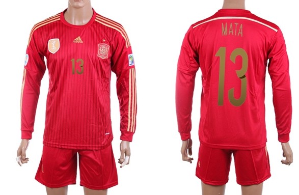 2014 World Cup Spain #13 Mata Home Soccer Long Sleeve Shirt Kit