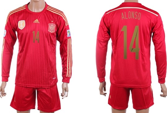 2014 World Cup Spain #14 Alonso Home Soccer Long Sleeve Shirt Kit