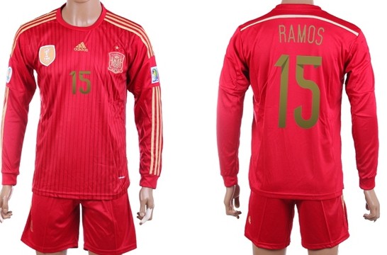 2014 World Cup Spain #15 Ramos Home Soccer Long Sleeve Shirt Kit