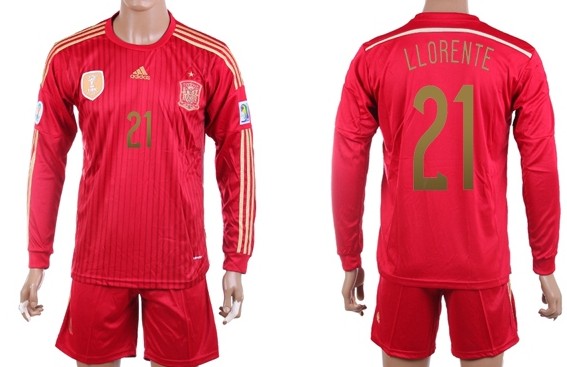 2014 World Cup Spain #21 Llorente Home Soccer Long Sleeve Shirt Kit