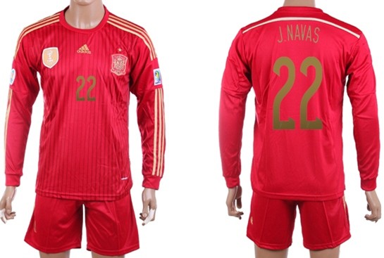2014 World Cup Spain #22 J.Navas Home Soccer Long Sleeve Shirt Kit