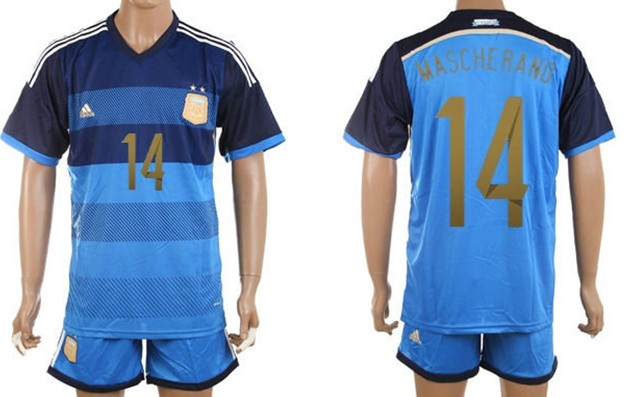 2014 World Cup Argentina #14 Mascherano Away Soccer Shirt Kit