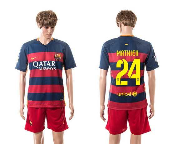 2015-2016 Barcelona Soccer Uniform Jersey Short Sleeves Home #24 MATHIEU