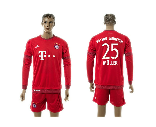2015-2016 Bayern Munich Soccer Jersey Uniform Long Sleeves Red #25 MULLER
