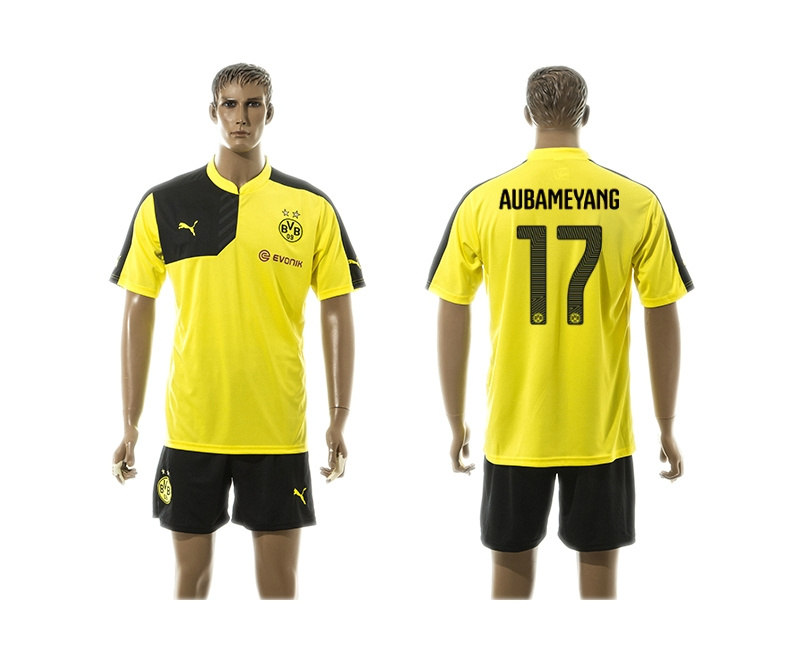 2015-2016 Borussia Dortmund Yellow Soccer Jersey Uniform #17 Aubameyang