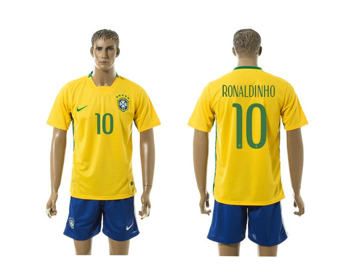 2015-2016 Brazil Soccer Jersey Uniform Short Sleeves Yellow #10 RONALDINHO