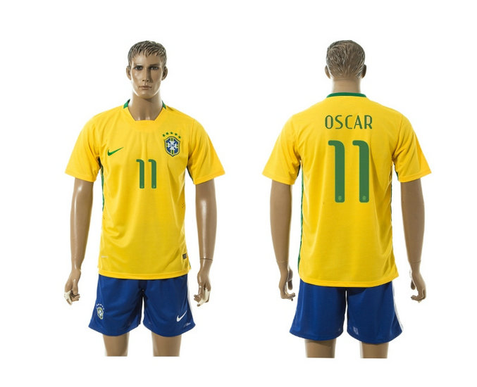 2015-2016 Brazil Soccer Jersey Uniform Short Sleeves Yellow #11 OSCAR