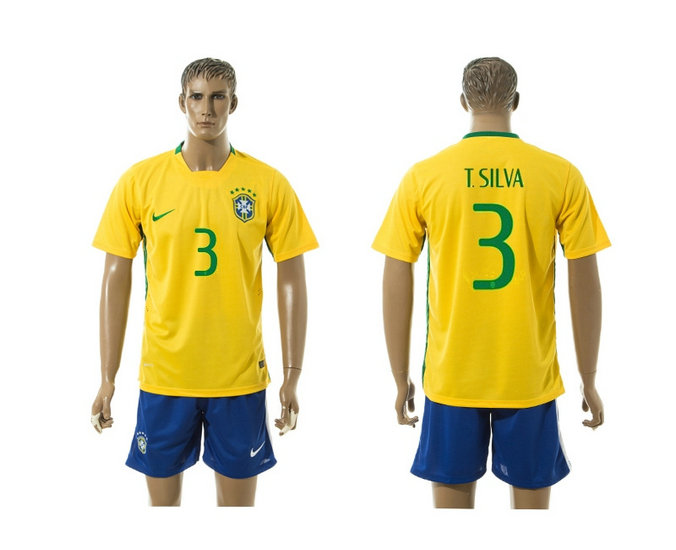 2015-2016 Brazil Soccer Jersey Uniform Short Sleeves Yellow #3 T.SILVA