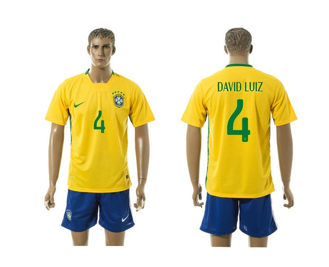 2015-2016 Brazil Soccer Jersey Uniform Short Sleeves Yellow #4 DAVID LUIZ