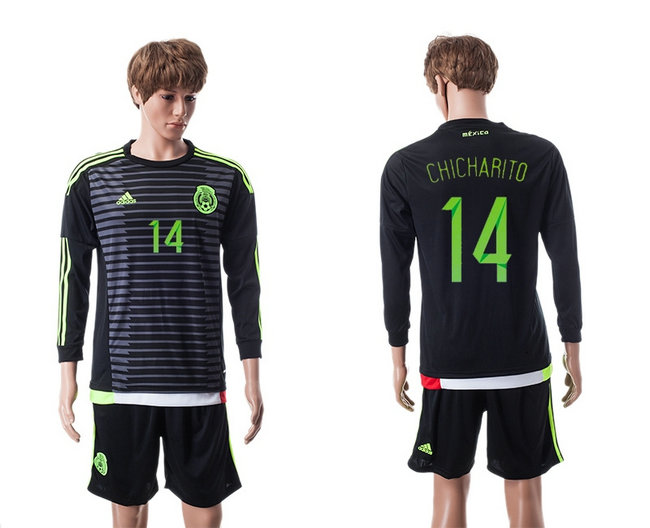 2015-2016 Mexico Soccer Jersey Uniform Home Black Long Sleeves #14 CHICHARITO
