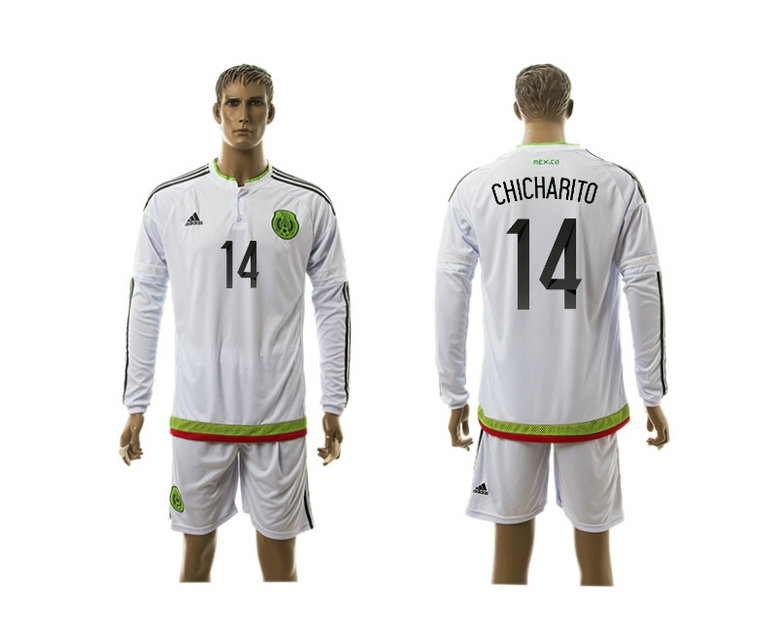 2015-2016 Mexico Soccer Jersey Uniform White Away Long Sleeves #14 CHICHARITO