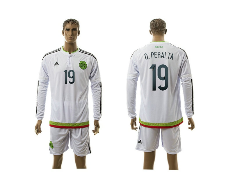2015-2016 Mexico Soccer Jersey Uniform White Away Long Sleeves #19 O.PERALTA