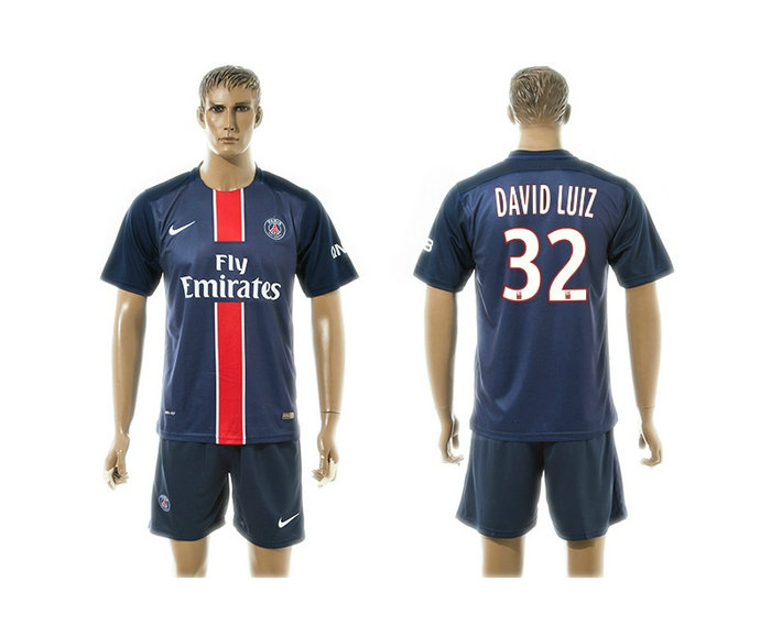 2015-2016 PSG Jersey Blue Soccer Uniform Short Sleeves #32 DAVID LUIZ