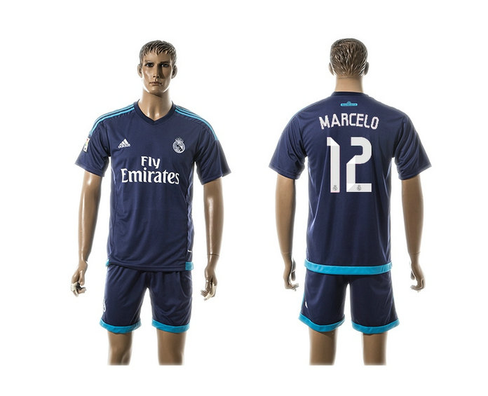 2015-2016 Real Madrid Scccer Uniform Short Sleeves Jersey Away Blue #12 MARCELO