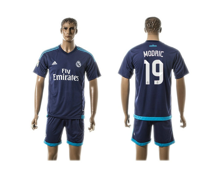 2015-2016 Real Madrid Scccer Uniform Short Sleeves Jersey Away Blue #19 MODRIC