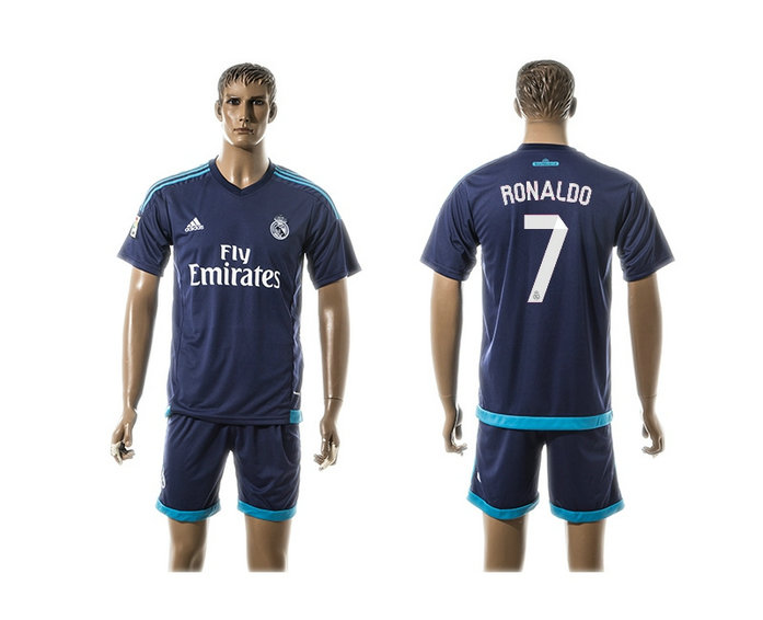 2015-2016 Real Madrid Scccer Uniform Short Sleeves Jersey Away Blue #7 RONALDO