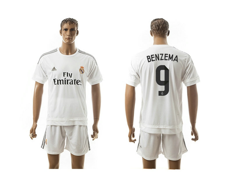 2015-2016 Real Madrid Scccer Uniform Short Sleeves Jersey Home White #9 BENEMA