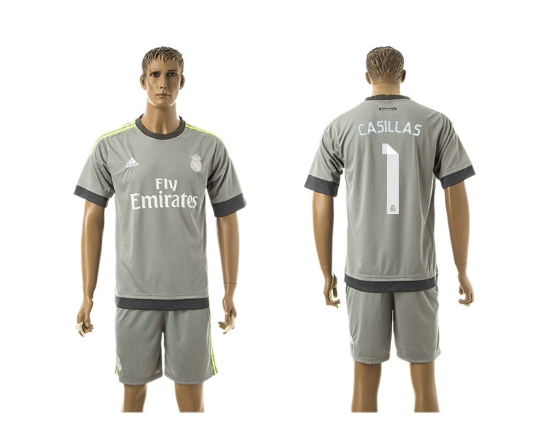 2015-2016 Real Madrid Scccer Uniform Short Sleeves Jersey UCL Away Grey #1 CASILLAS