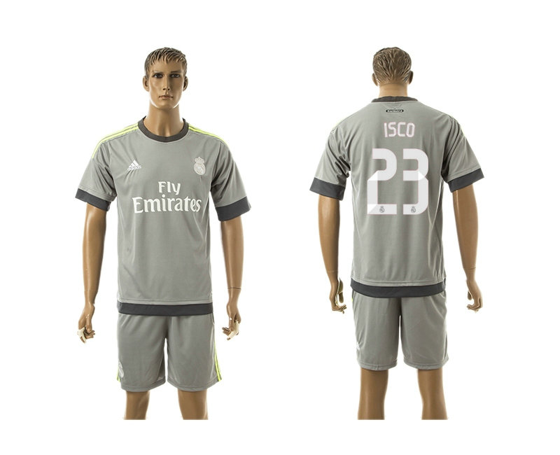 2015-2016 Real Madrid Scccer Uniform Short Sleeves Jersey UCL Away Grey #23 ISCO