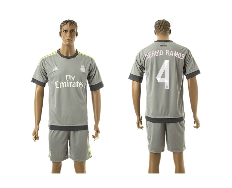 2015-2016 Real Madrid Scccer Uniform Short Sleeves Jersey UCL Away Grey #4 SERGIO RAMOS
