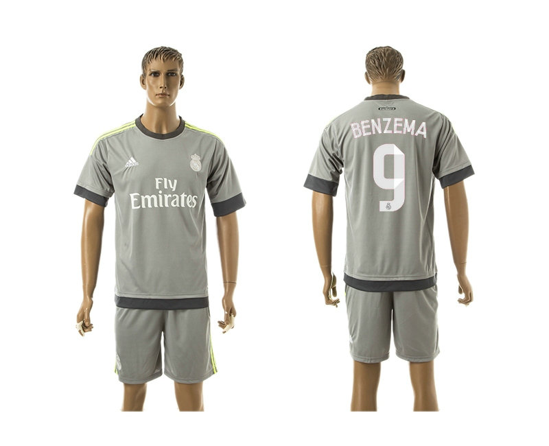 2015-2016 Real Madrid Scccer Uniform Short Sleeves Jersey UCL Away Grey #9 BENEMA