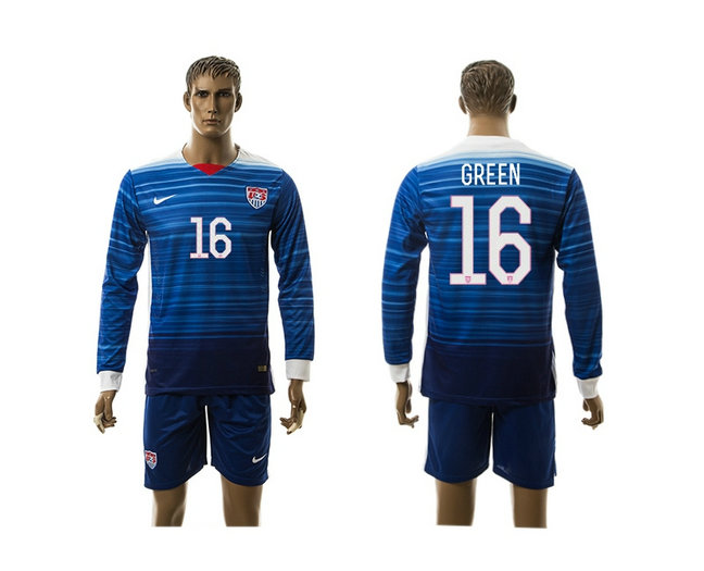 2015-2016 USA Soccer Jersey Uniform Blue Away Long Sleeves #16 GREEN