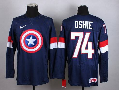 2015 Men's Team USA #74 T.J. Oshie Captain America Fashion Navy Blue Jersey