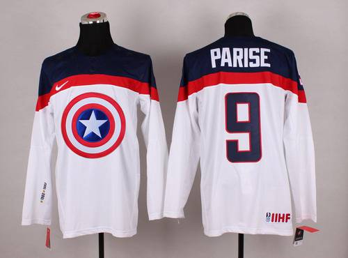2015 Men's Team USA #9 Zach Parise Captain America Fashion White Jersey