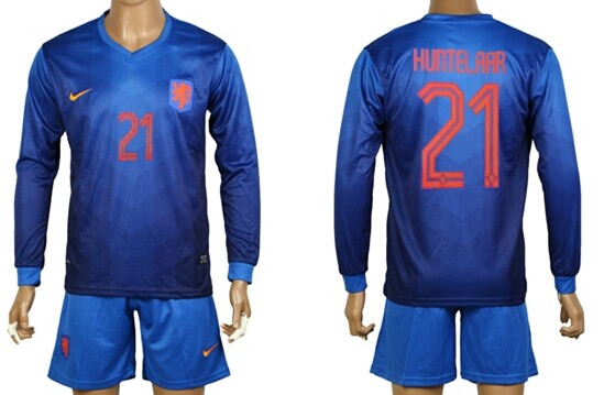 2014 World Cup Holland #21 Huntelaar Away Soccer Long Sleeve Shirt Kit