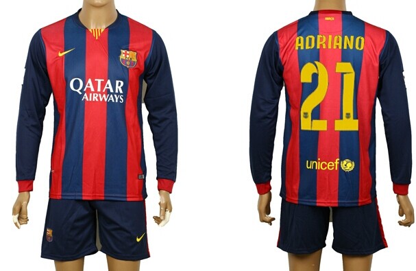 2014/15 FC Bacelona #21 Adriano Home Soccer Long Sleeve Shirt Kit