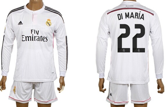 2014/15 Real Madrid #22 Di Maria Home Soccer Long Sleeve Shirt Kit