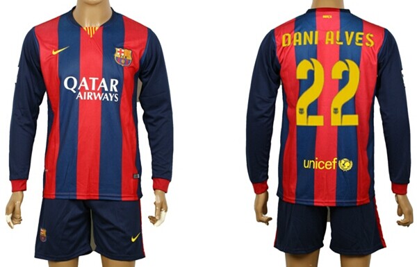 2014/15 FC Bacelona #22 Dani Alves Home Soccer Long Sleeve Shirt Kit