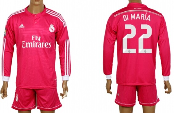 2014/15 Real Madrid #22 Di Maria Away Pink Soccer Long Sleeve Shirt Kit