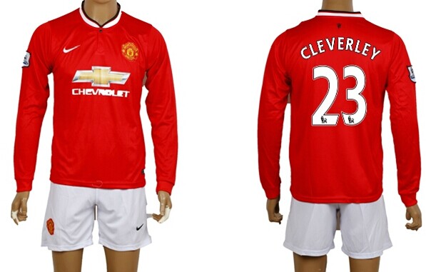 2014/15 Manchester United #23 Cleverley Home Soccer Long Sleeve Shirt Kit