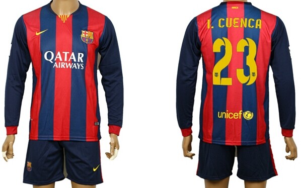 2014/15 FC Bacelona #23 I.Cuenca Home Soccer Long Sleeve Shirt Kit